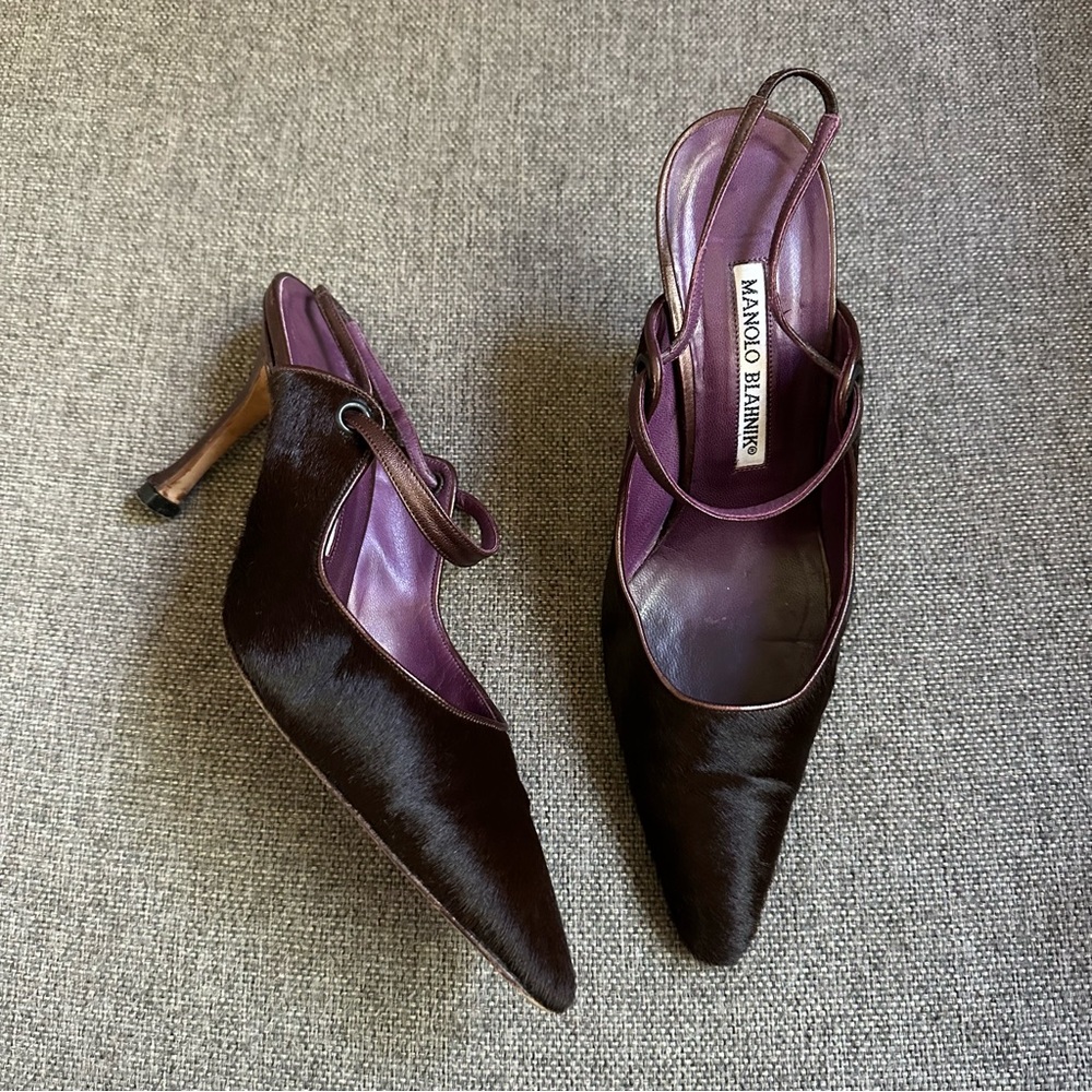 Vintage Manolo Blahnik purple pony hair heels